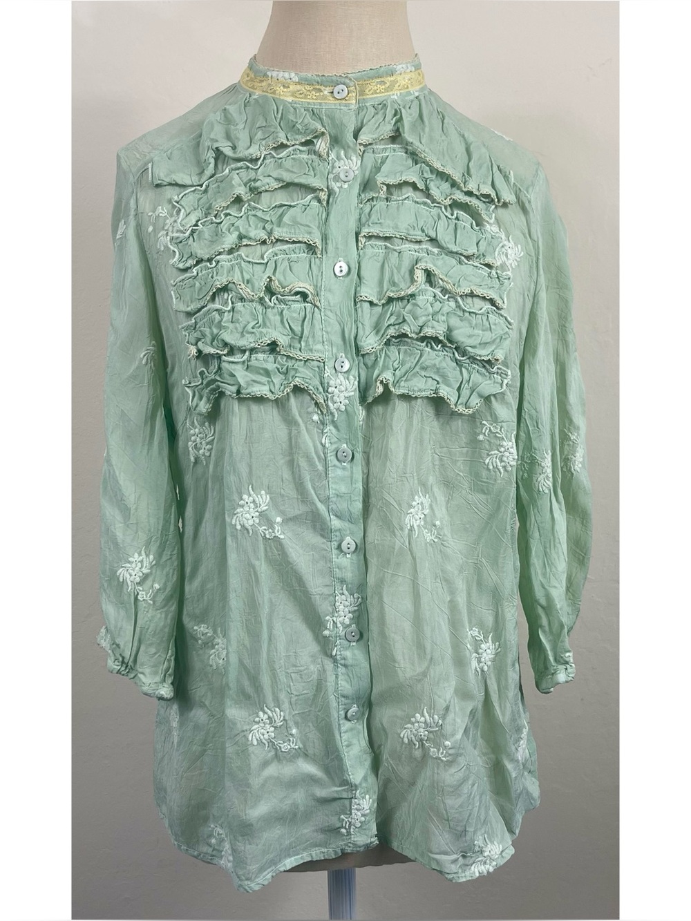 Johnny Was Light Sheer Ruffled Button Down Blouse